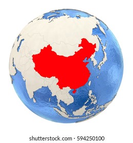 Map Of China On Political Globe With Watery Oceans And Embossed Continents. 3D Illustration Isolated On White Background.