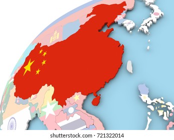 Map Of China On Political Globe With Embedded Flag. 3D Illustration.