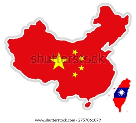 map of China and Taiwan simplified rounded shape as the chinese flag colors and taiwanese flag colors, Enlarged taiwanese map for better view