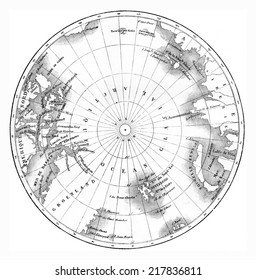 Map circumpolar regions of northern hemisphere. vintage engraved illustration. Le Tour du Monde, Travel Journal, (1865).