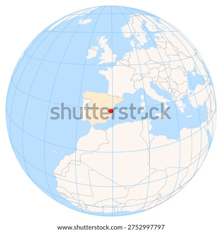 Map of the earth globe showing the location of the city Torrent in Spain . The city in the map center is marked with a red dot and the country is also highlighted. No labels at all.