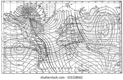 Map Of The Earth's Magnetic Field, Vintage Engraved Illustration. Dictionary Of Words And Things - Larive And Fleury - 1895