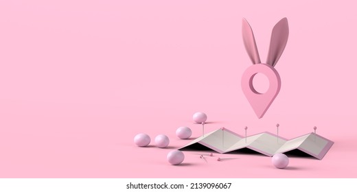 Map with easter bunny ears and easter eggs. 3D illustration. Copy space.