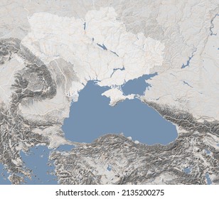 Map of Eastern Europe, Ukraine and neighboring states, satellite view, black sea and Turkey. Shaded relief. Main roads and urban centers. 3d rendering