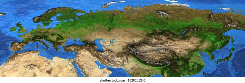 Map of Europe and Asia. Detailed flat satellite view of the Earth and its landforms, in summer. 3D illustration. Elements of this image furnished by NASA