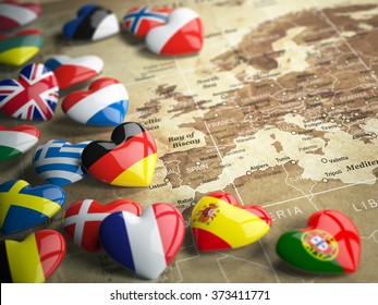 Map Of Europe And Hearts With Flags Of European Countries. Travel EU Concept. 3d