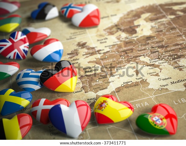 Map of Europe and hearts with flags of\
european countries. Travel EU concept.\
3d