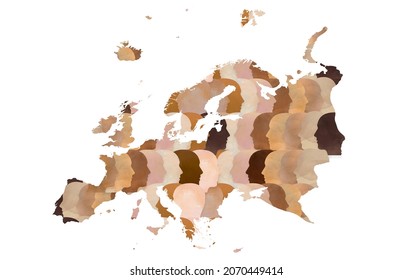 Map Of Europe With Multicultural And Diverse Faces With Different Racial Skin Tones. Representation Of European Racism, Immigration, Equality, Diversity, And Asylum Seekers.