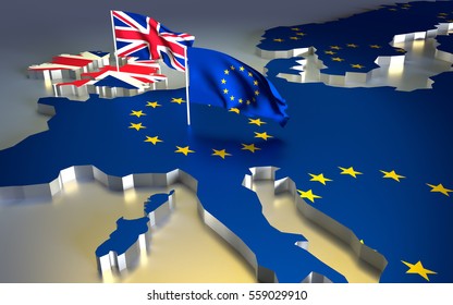 Map Of Europe With The National Flag. Brexit Referendum UK - United Kingdom, Great Britain Or England Leaving EU - European Union, British Vote To Exit. 3D Illustration.