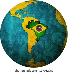 map with flag of brazil on isolated over white map of globe