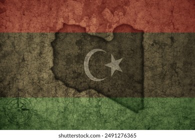 map and flag of libya on a old vintage crack paper background . 3d illustration