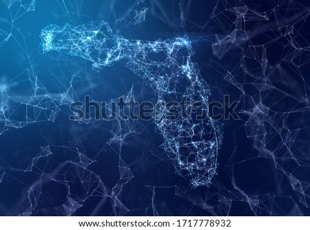 The map of Florida indicating a connected web of dots and lines. (series)
