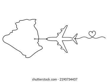 Map Of France, Algeria With Plane As Line Drawing On White Background