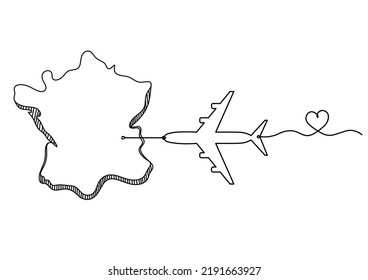 Map Of France, Algeria With Plane As Line Drawing On White Background