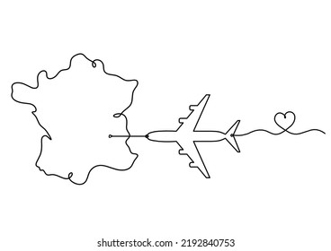 Map Of France, Algeria With Plane As Line Drawing On White Background