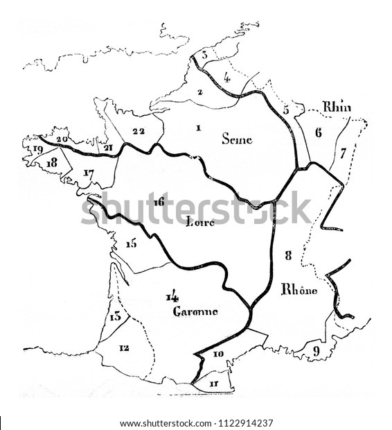 Map of France\
divided into twenty-two basins, vintage engraved illustration.\
Magasin Pittoresque\
1844.\
