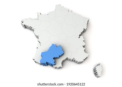 Map Of France Showing Midi Pyrenees Region. 3D Rendering