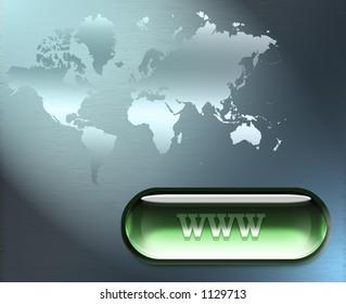 Map of the globe and a green glass button with WWW