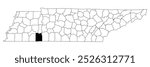 Map of Hardin County in Tennessee state on white background. single County map highlighted by black colour on Tennessee map. UNITED STATES, US.