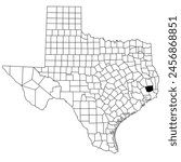 Map of Hardin County in Texas state on white background. single County map highlighted by black colour on Texas map. UNITED STATES, US