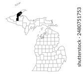 Map of Houghton County in Michigan state on white background. single County map highlighted by black colour on Michigan map. UNITED STATES, US