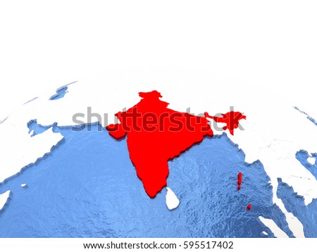 Map of India on globe with embossed continents. 3D illustration