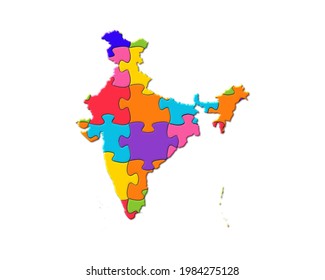 Map Of India Sign, Jigsaw Autism Puzzle Icon Logo, 3d Illustration