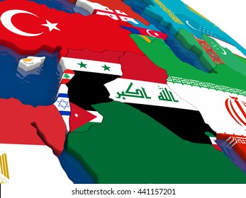 Map of Israel, Lebanon, Jordan, Syria and Iraq region with embedded flags on 3D political map. Accurate official colors of flags. 3D illustration
