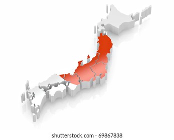 Map Of Japan In Japanese Flag Colors. 3d