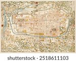 Map of Kyoto (1863) by Takebara Kahei. Detailed old town Kyoto map. Japanese town city intage map art drawing illustration, old Kyoto map painting art print from Japan.