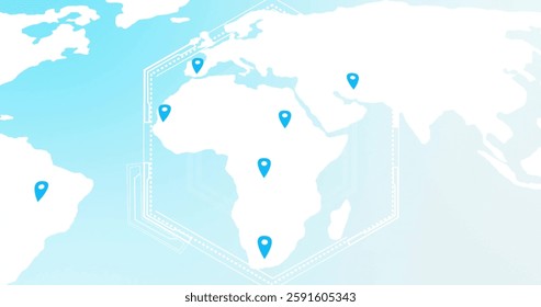 Map with location markers image over hexagonal grid. Mapping, hexagons, technology, interface, digital, geolocation