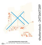 Map of Long Island MacArthur Airport in Islip (US). IATA-code: ISP. Airport diagram with runways, taxiways, apron, parking areas and buildings. Map data from OpenStreetMap.