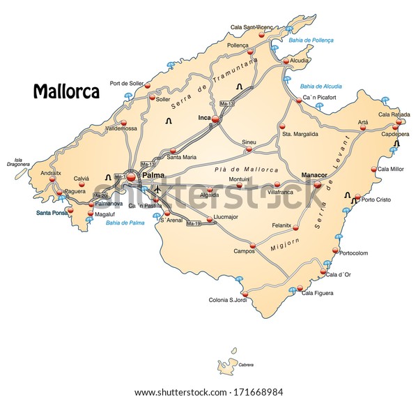 Map Mallorca Highways Pastel Orange Stock Illustration 171668984 ...