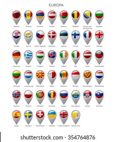 Map Marker Set With State Flags Of Sovereign Countries Of Europa With Captions In Alphabet Order Isolated On White Background