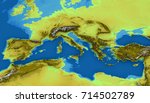 Map of the Mediterranean Sea and Europe, map of heights, sea bottom, Africa and Middle East, 3d rendering. Physical map