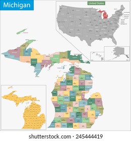 Map Of Michigan State Designed In Illustration With The Counties And The County Seats