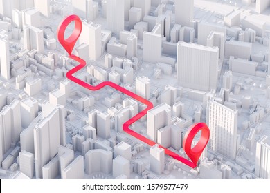 Map Of Modern City With Red Navigation From Point A To Point B. Concept Of Planning Tourism Route. Geotag. 3d Rendering.