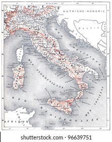 Map Of Modern Italy, Vintage Engraved Illustration. From 