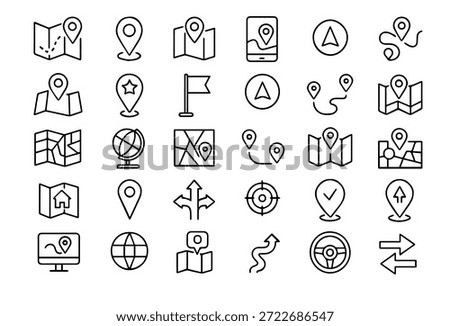 Map and Navigation Line Icons Set – Location Pin, GPS, Route and Direction Symbols