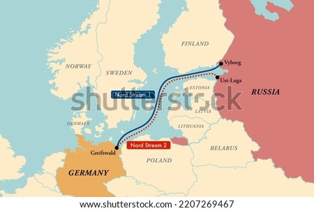 Map of Nord Stream 1 and 2 natural gas pipelines
