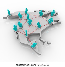 A Map Of North America With A Network Of People Standing Atop It.