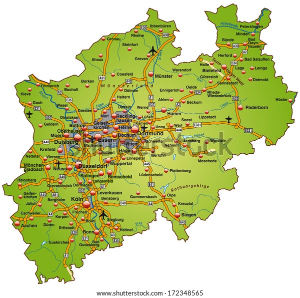 Map North Rhinewestphalia Highways Green Stock Illustration 172348565 ...