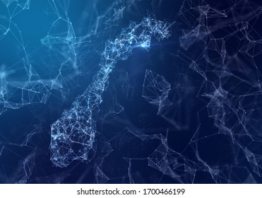 The Map Of Norway Indicating A Connected Web Of Dots And Lines. (series)
