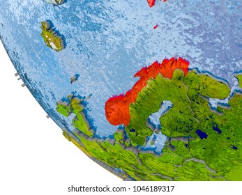 Map Of Norway In Red On Globe With Real Planet Surface, Embossed Countries With Visible Country Borders And Water In The Oceans. 3D Illustration. Elements Of This Image Furnished By NASA.