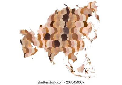 Map Outline Of Asia And The Middle East With Multicultural And Diverse Faces With Different Racial Skin Tones. Representation Of Migration, Racism, Immigration, Equality, Diversity, And Asylum Seeking