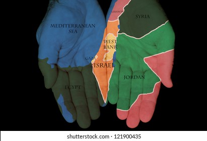 Map Painted On Hands Showing The Concept Of Israel And Palestine In The Hands Of The People