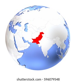 Map of Pakistan on metallic globe. 3D illustration isolated on white background.