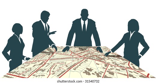 Map of people meeting around a generic city map.