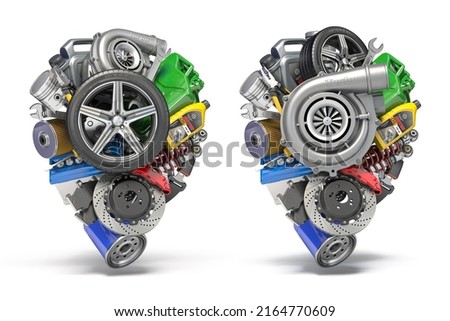 Map pin from car parts isolated on white. Location of car repair service or garage concept. 3d illustration. Foto stock © 