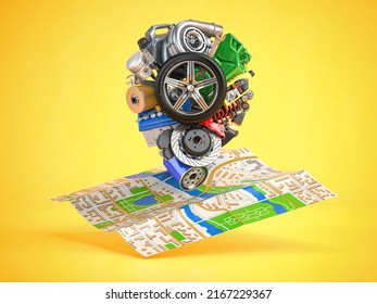 Map pin from car parts on city map. Location of car repair service or garage concept. 3d illustration. - Powered by Shutterstock